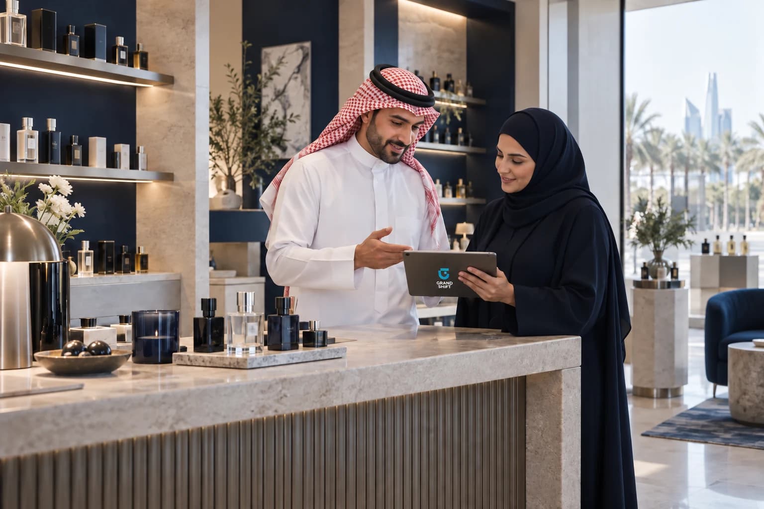تاجر سعودي وشريكة أعمال يراجعان جهازًا لوحيًا داخل متجر معاصر.