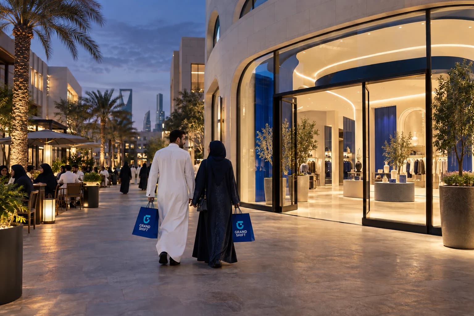 متسوّقون سعوديون يقتربون من متجر محلي بأكياس تسوّق زرقاء.